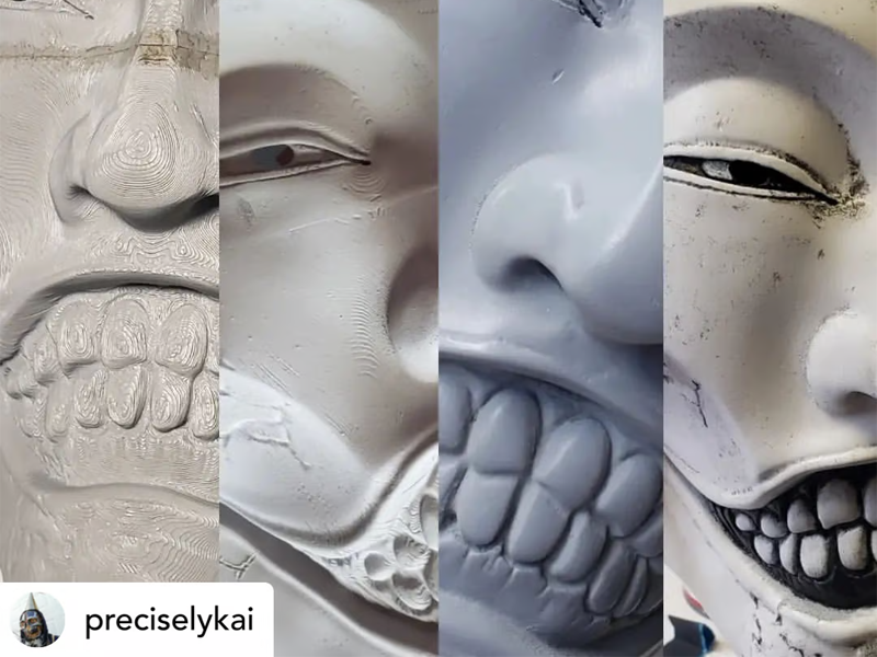 Diferentes níveis de pós-processamento em uma máscara impressa em 3D com CosPLA